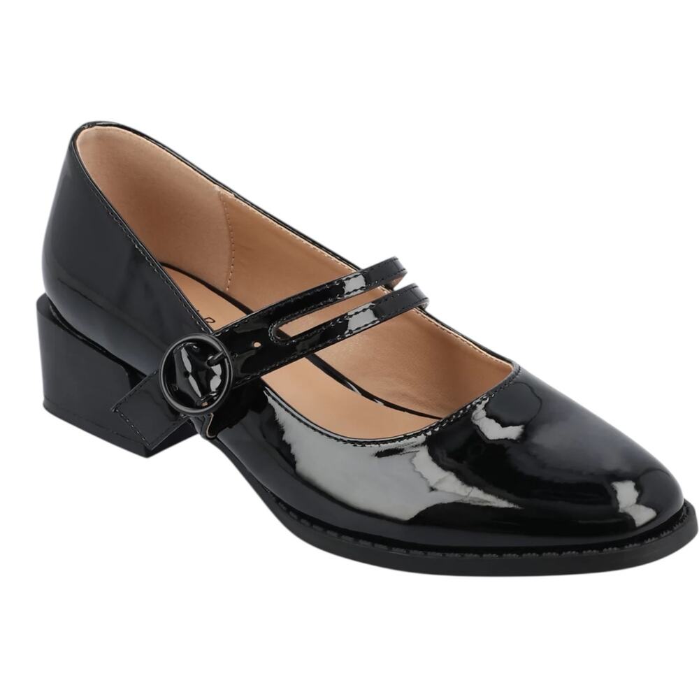 Journee Collection Women's Savvi Block Heel Mary Jane Flats Black Patent Size 7
